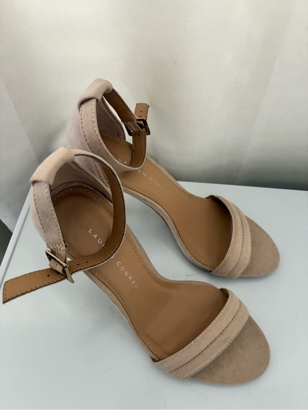 LC Lauren Conrad Blush Suede Ankle-Strap Heels
